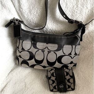 Coach Signature Jacquard/Black Leather crossbody bag and matching wallet set